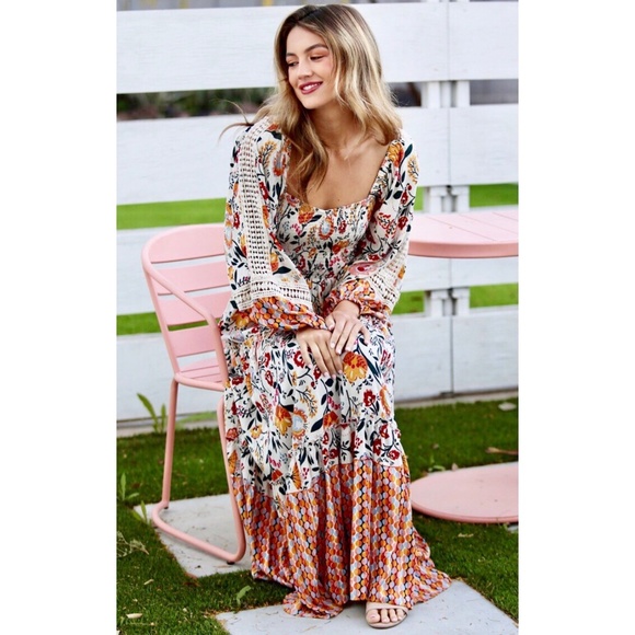 ANGIE Ivory Floral Smocked Long Sleeve Tiered Maxi Dress - Picture 9 of 11